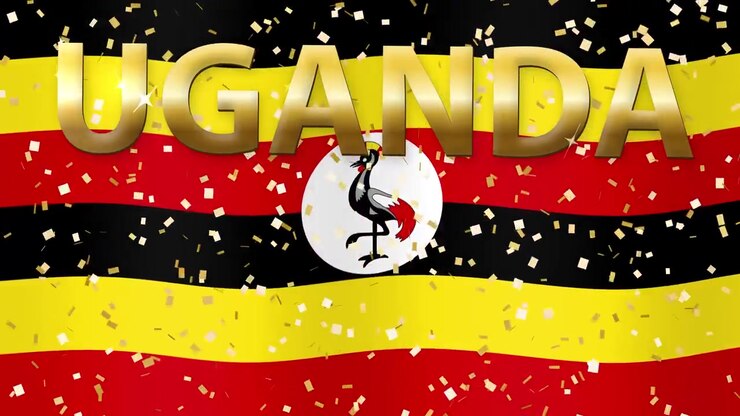 Bandiera animata dell'Uganda che sventola dietro un testo 3D dorato e coriandoli scintillanti in un loop continuo