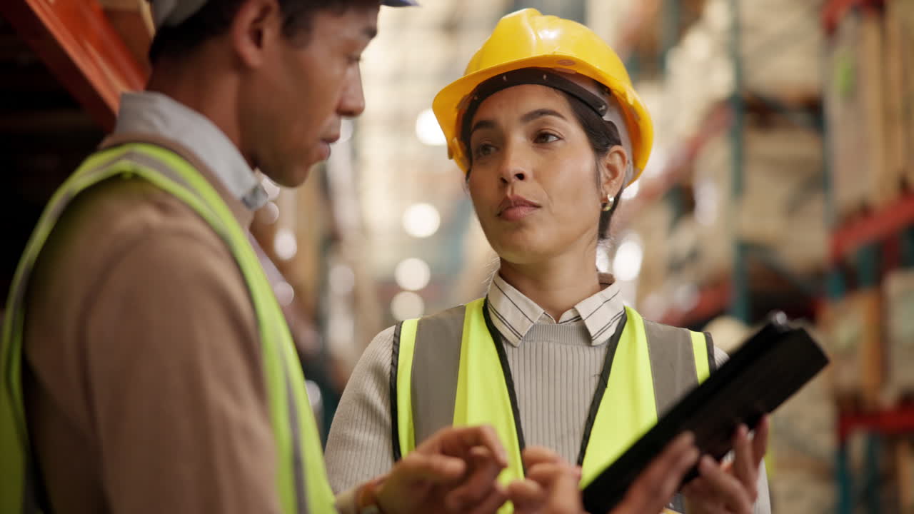 Warehouse workers discussing inventory with a tablet