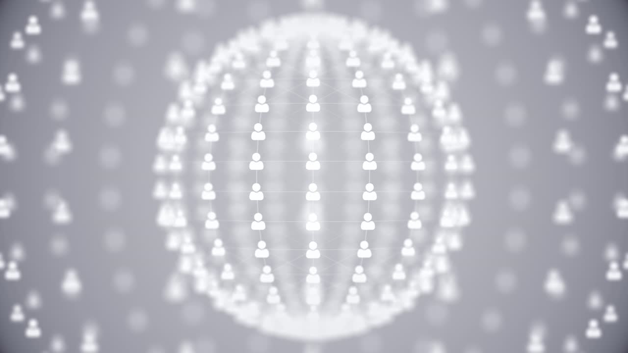 Animazione futuristica di una sfera di social network, connettività utente digitale bianca in loop.