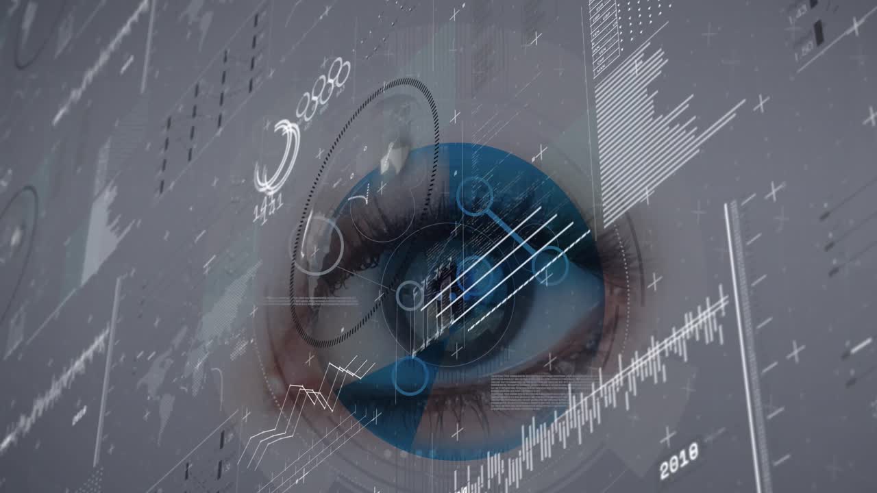 animación de la interfaz digital con procesamiento de datos con ojo femenino sobre fondo blanco.