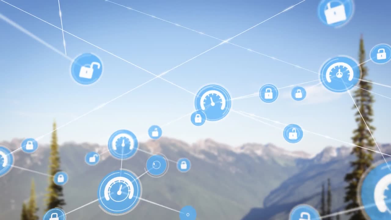 풍경 위의 아이콘으로 연결된 네트워크의 애니메이션