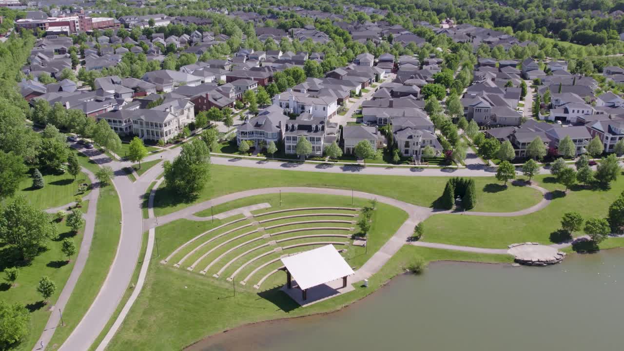 Aerial view of the Norton Commons neighborhood in Louisville, Kentucky, featuring homes and a small pond. Great for real estate, urban design, and regional footage.