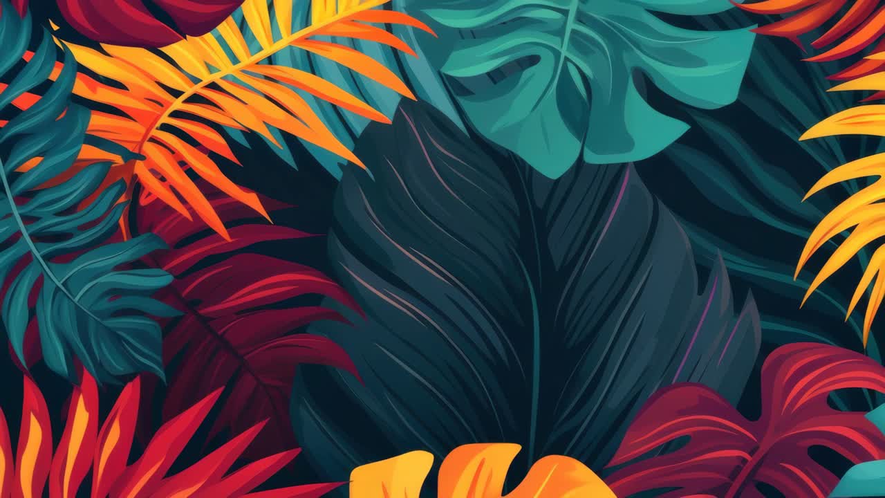 Vibrant tropical leaves in bold colors, captured from a top-down angle