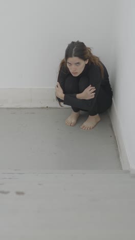woman huddled in corner appearing distressed