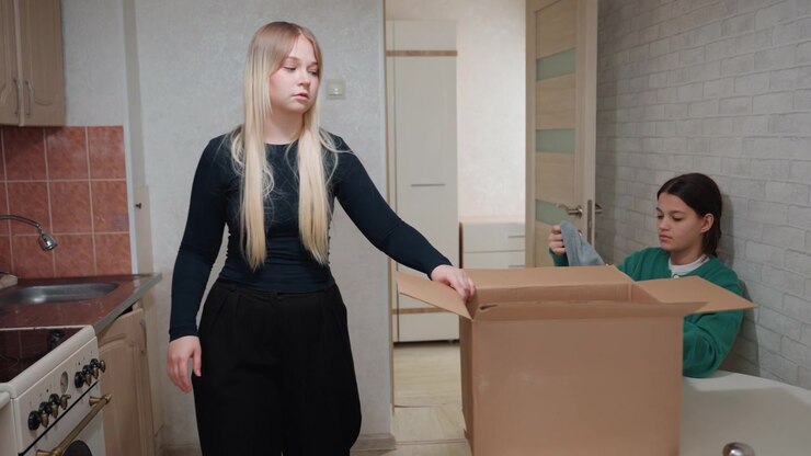 Donna con nastro adesivo accanto a una scatola per il trasloco. L'inquilina bionda sigilla il cartone mentre la compagna siede tranquillamente vicino alla scatola in un nuovo appartamento scarsamente arredato. Tensione sottile, silenzio, con porta e fornello visibili.