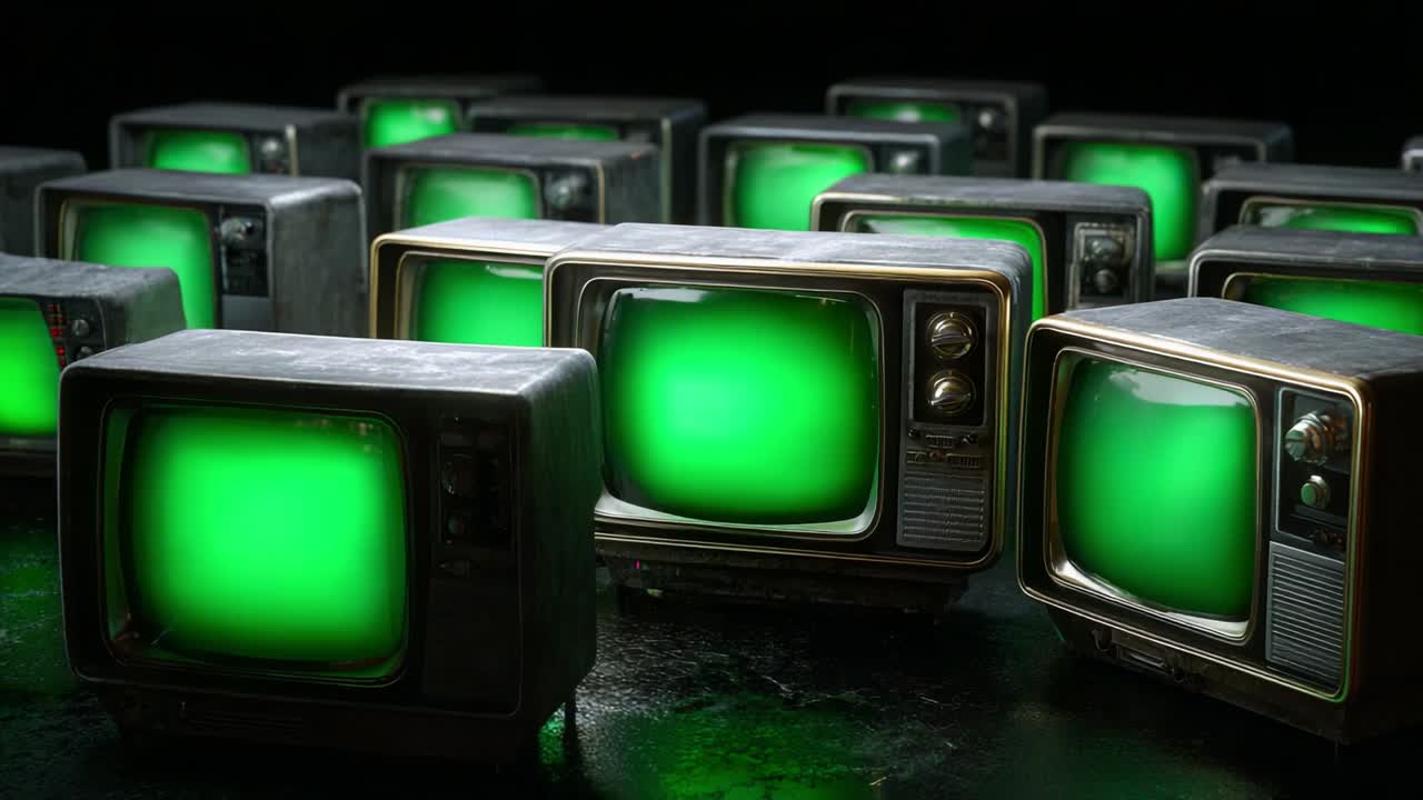 A Dramatic Showcase of Classic Television Sets Displaying Vibrant Green Screens, Highlighting a Retro Aesthetic and Evoking Nostalgia Through an Array of Vintage Monitors in a Dark Environment