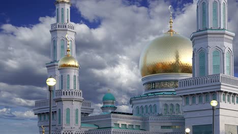 moscow cathedral mosque against the moving clouds, russia -- the main mosque in moscow, new landmark