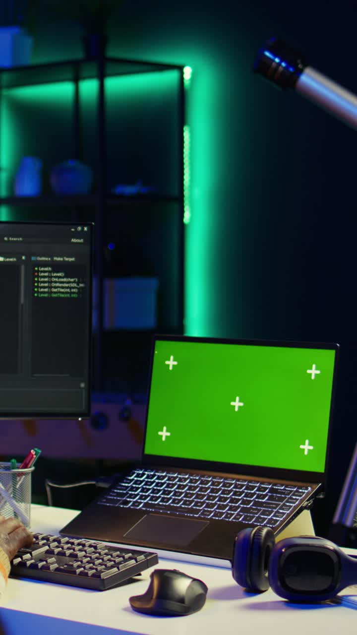 Vertikal video. Svart webbutvecklare som hanterar databasservrar för säkerhet med grön skärm