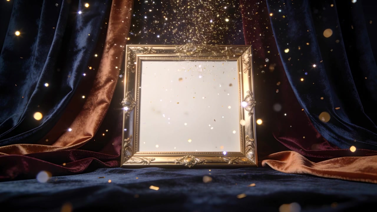 Quiete dinamica, una cornice d'oro ornata che riflette glitter che cadono sul velluto, creando un'atmosfera di festa.