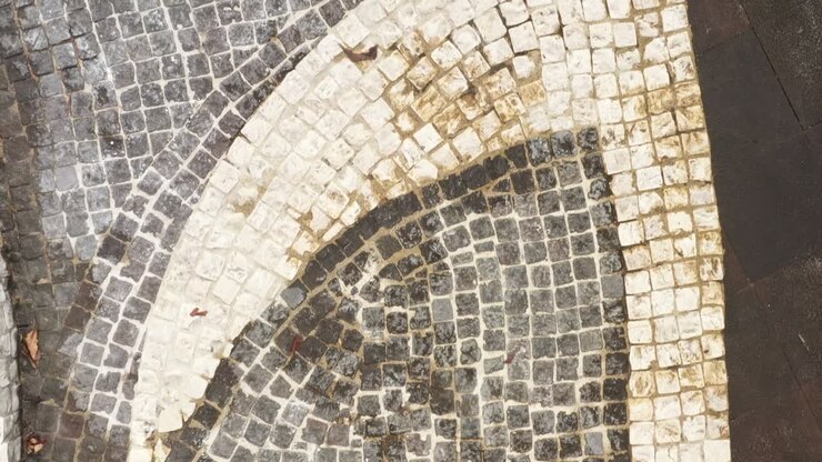 Following the contours of a mosaic circle showing the many small tiles and pattern made with the white tiles