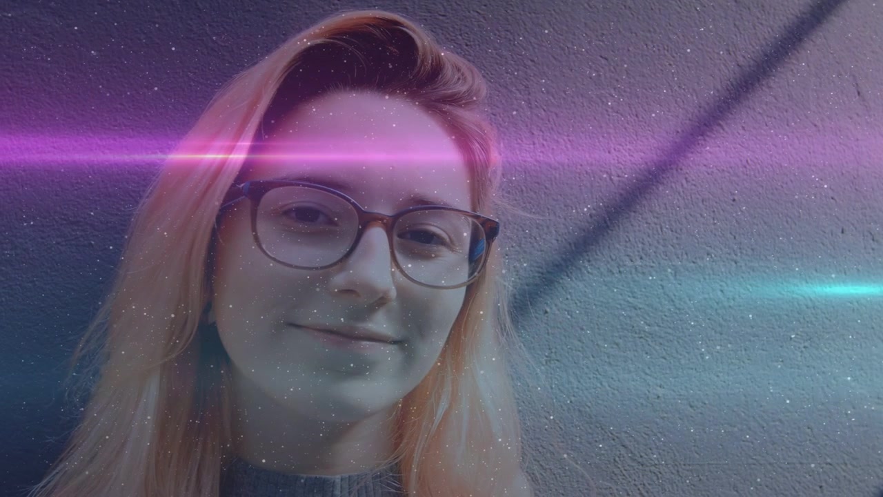 Woman holding steady gaze to camera, filter activating, neon bands shifting over subject for media