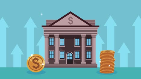 bank building and coins dollars