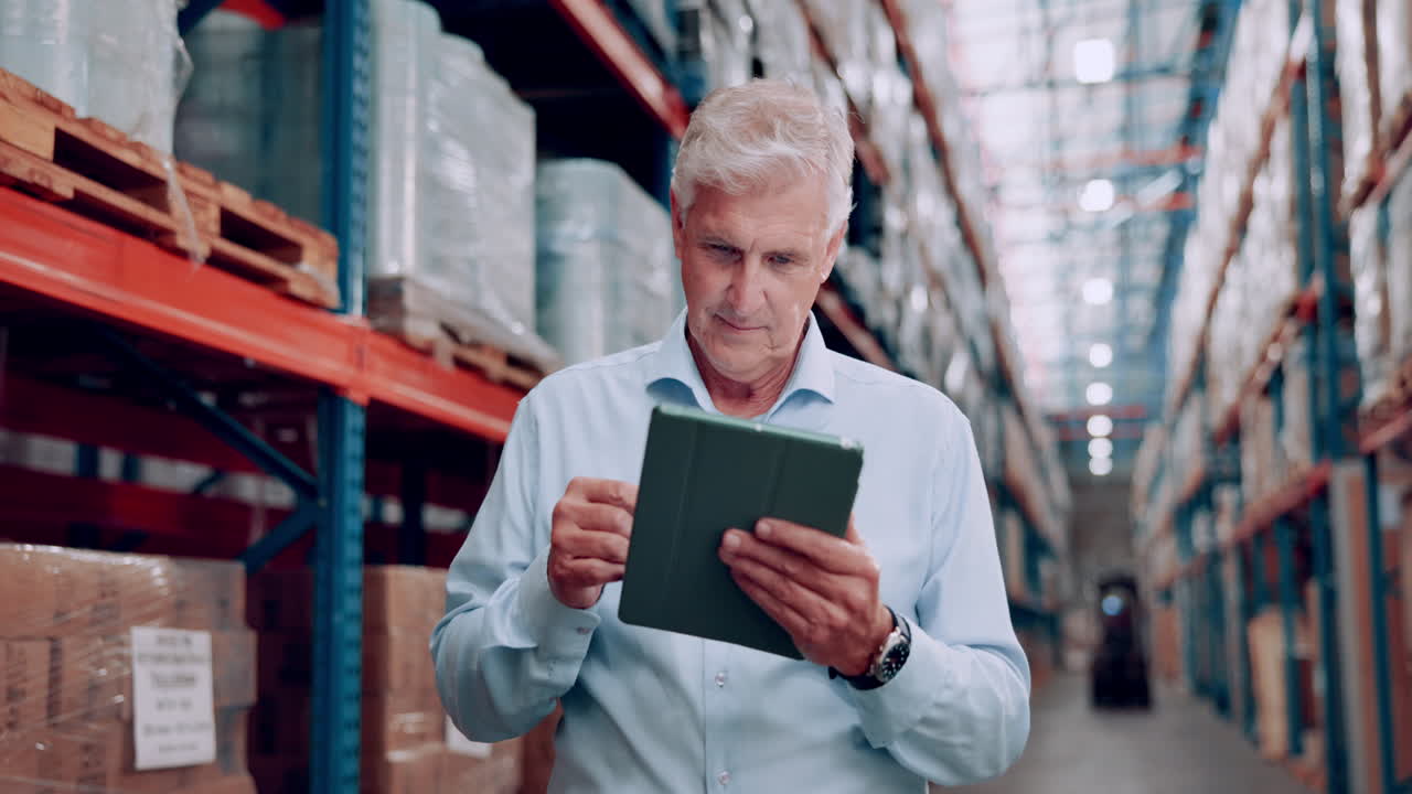 Senior Manager Checking Inventory in Warehouse