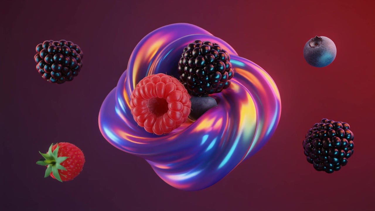 Abstract 3D Metallic Swirl with Floating Fresh Berries