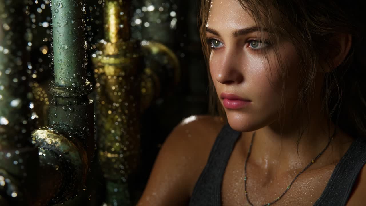 A contemplative portrait of a young woman with water droplets glistening on her skin, set against a backdrop of aged metallic pipes and soft lighting that enhances the emotional intensity and depth of the scene