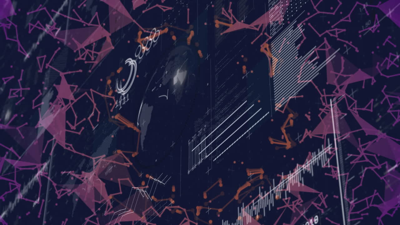 Animazione di interfaccia con elaborazione dati e reti plexus su sfondo nero
