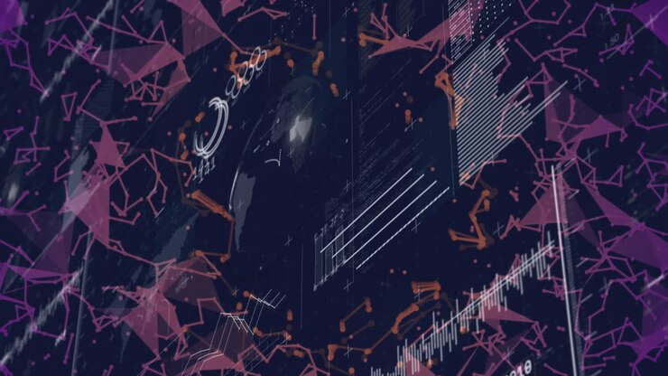 Animazione di interfaccia con elaborazione dati e reti plexus su sfondo nero