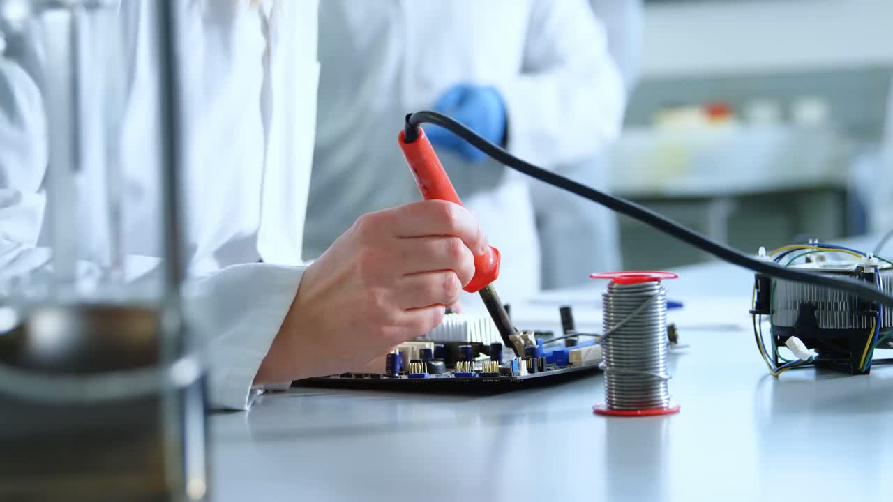 여성 과학자 용접 회로판 4k