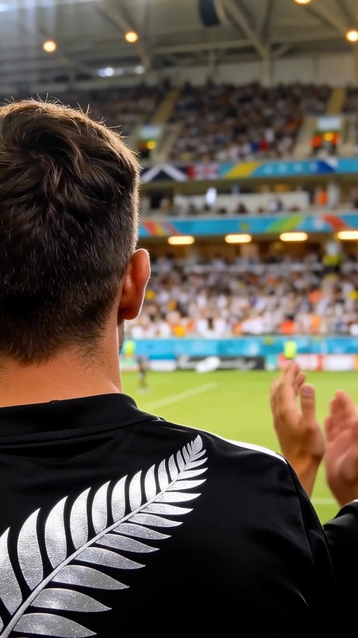 Video verticale: Guardando una partita, uomo che alza le mani e applaude in uno stadio coperto, felce argentata