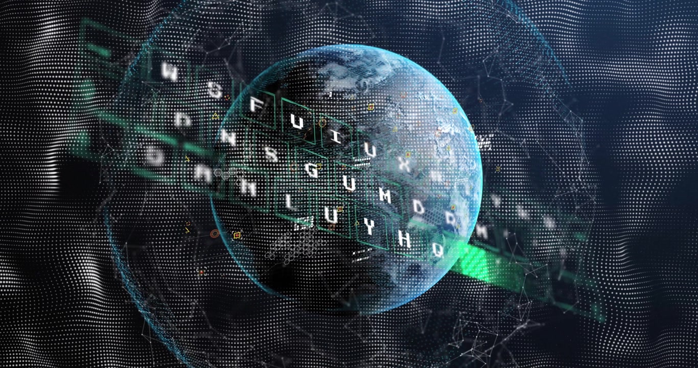 Animation of text over globe and financial data processing