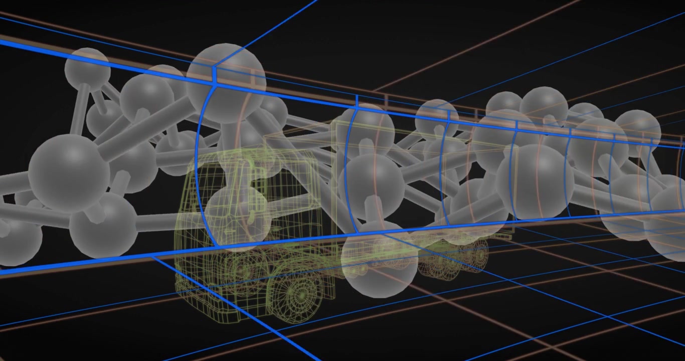 Upon launch 3D camera orbiting molecular model around yellow wireframe truck revealing design