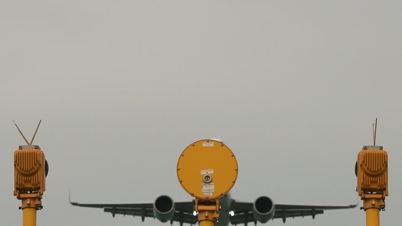 Passenger airplane coming in to land frog eye perspective looking up
