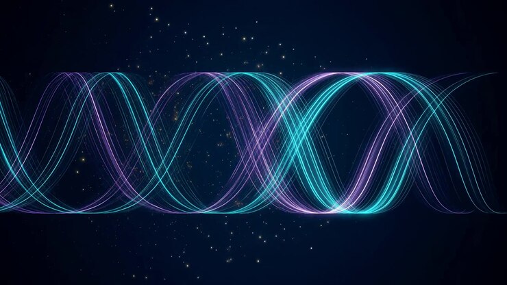 Glowing turquoise and purple curves expand across the frame in repeating wave forms, with fine gold specks drifting around layered light paths over a smooth dark blue backdrop.