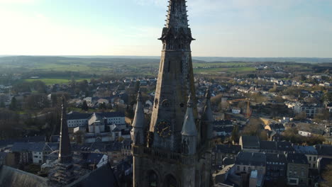 aerial view of a church steeple in a european town