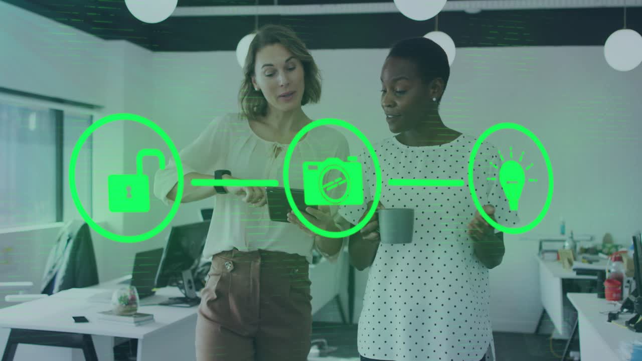 Two professionals walking past desks, pointing lock morphing into folder bulb showing tech insights