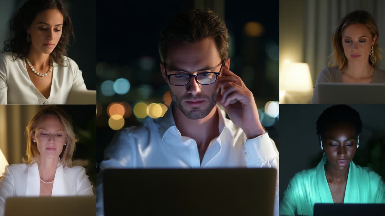 Business Team Working Late on Laptops