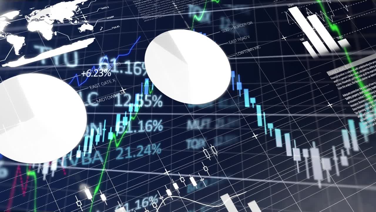 Animering av statistisk, finansiell data- och aktiemarknadsdatabehandling mot blå bakgrund.