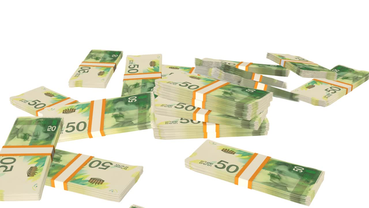 Many wads of money falling on table. 50 Israeli Shekel banknotes. Stacks of money.