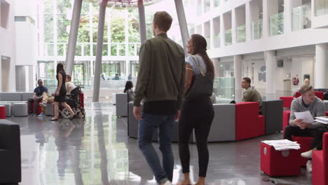 groups of students working together a university lobby, shot on r3d