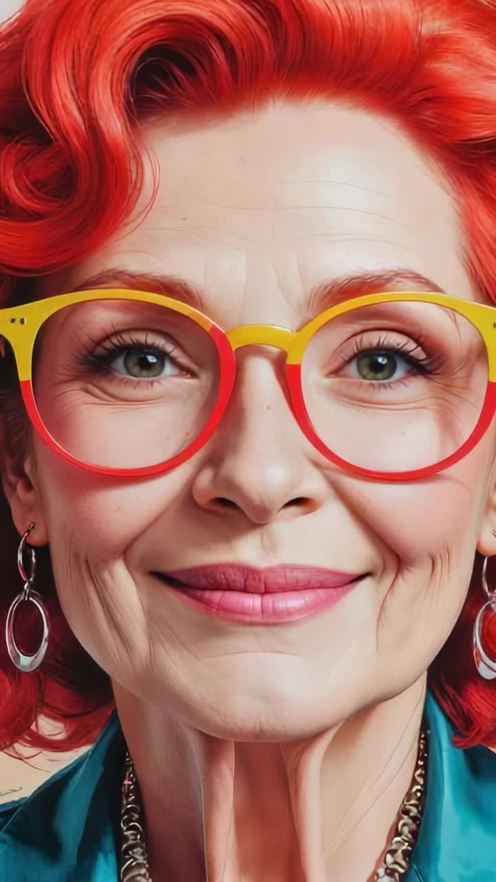 Vertical video: Posing woman red-haired in red glasses and teal top upon upload in studio for edits
