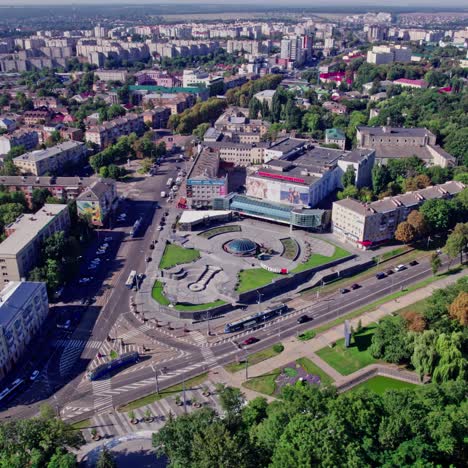 aerial view of city center with shopping mall and plaza