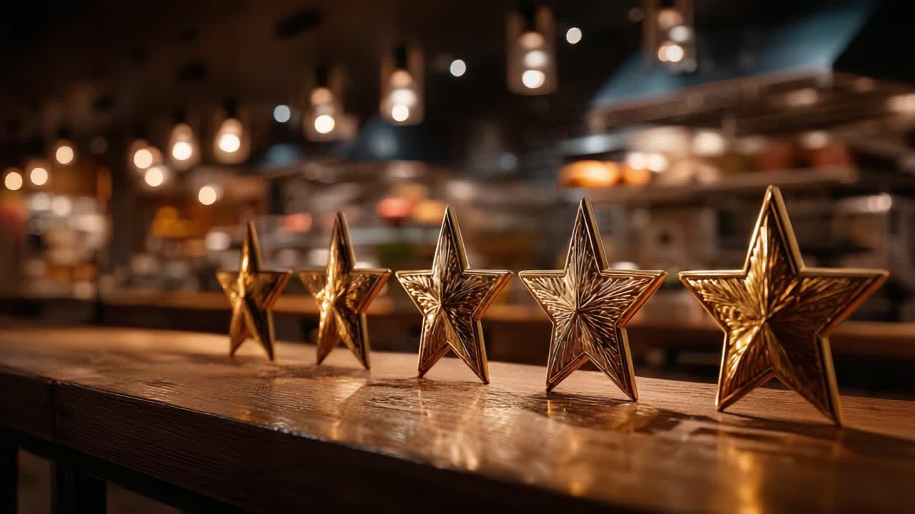 Showcasing a Row of Golden Star Awards in a Cozy Restaurant Setting, Highlighting the Elegance of Recognition and Achievement in a Welcoming Atmosphere