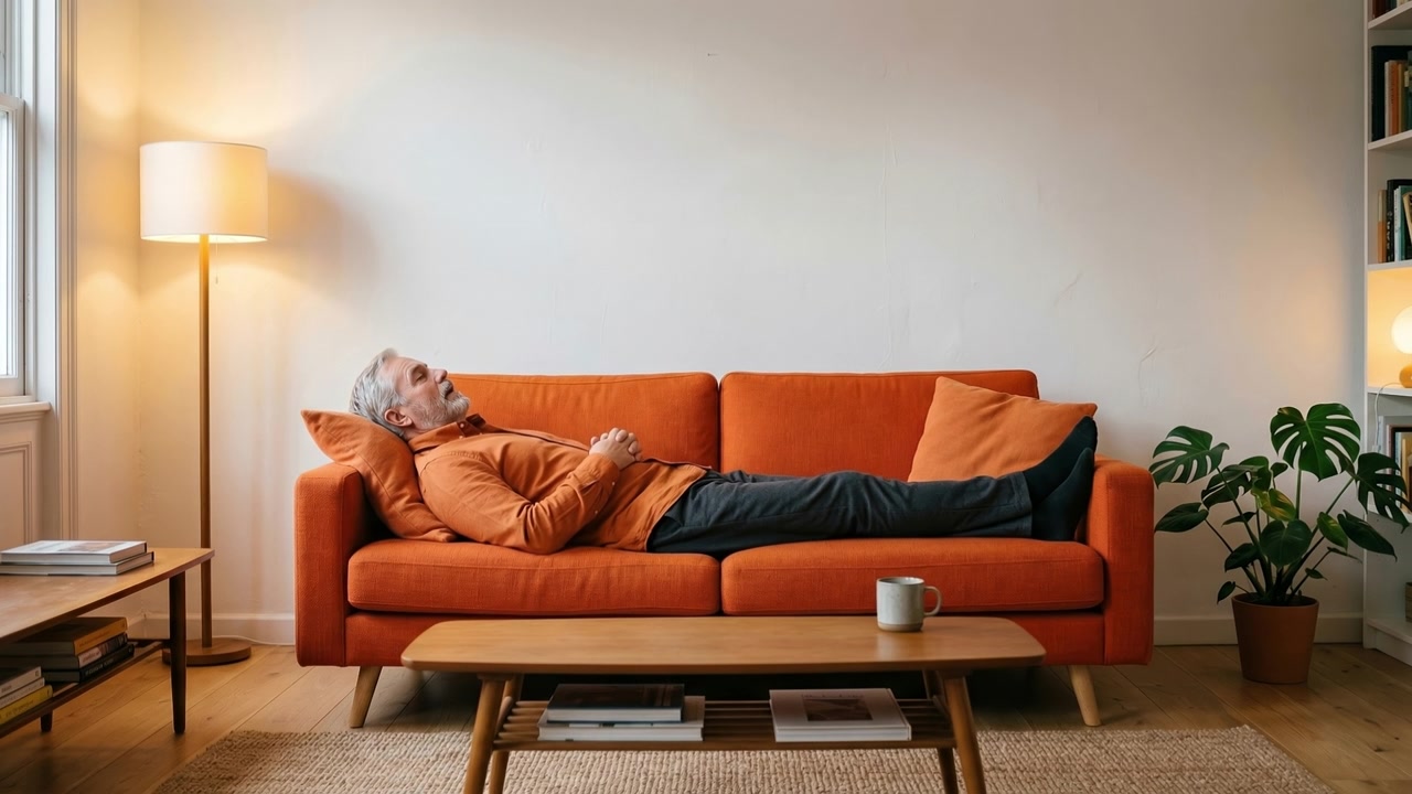 Ældre mand tager en lur, mens han ligger på en lys orange sofa i en moderne stue.