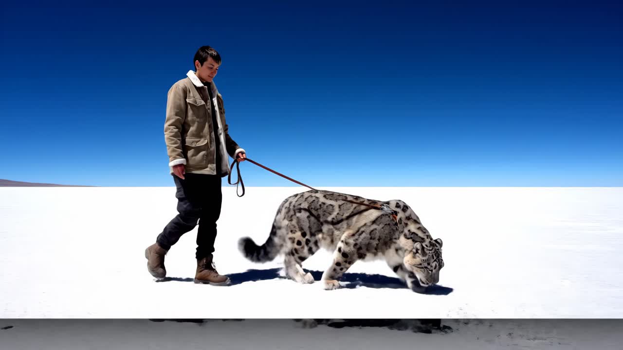 Man Walking Snow Leopard in Desert
