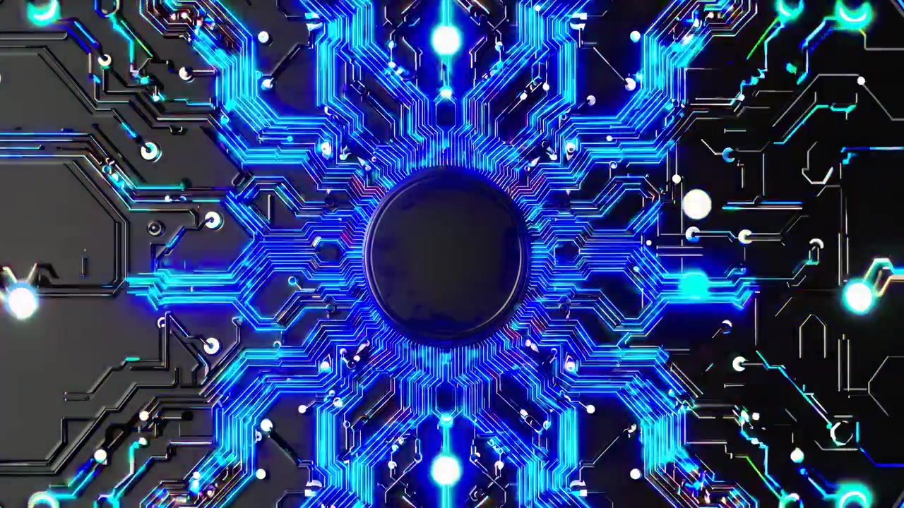 Circuito stampato animato con flusso di dati digitali blu luminoso
