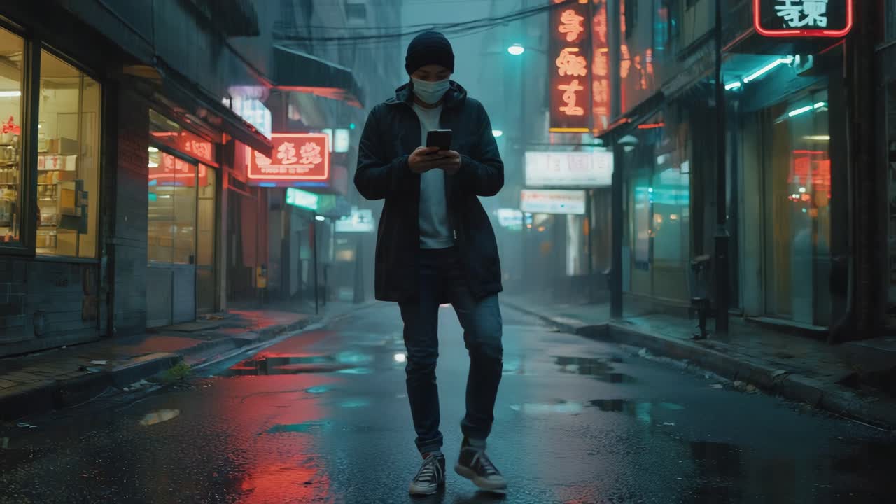 Person on a rainy city street with neon lights