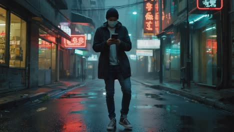 person on a rainy city street with neon lights