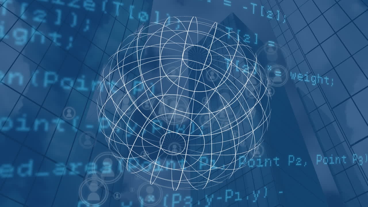 Animation of rotating sphere and data processing over blue background with skyscrapers