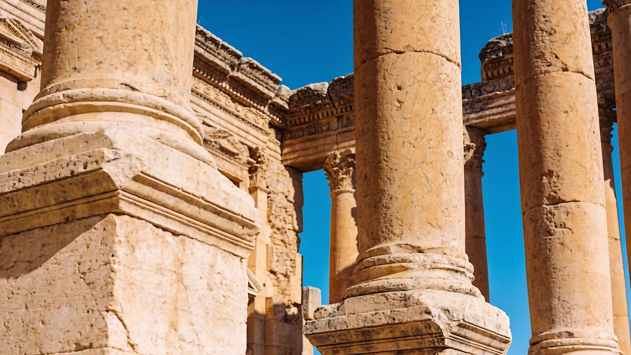Telecamera che panoramica rivelando grandi colonne classiche in pietra in un'antica rovina, esponendo una cornice intagliata.