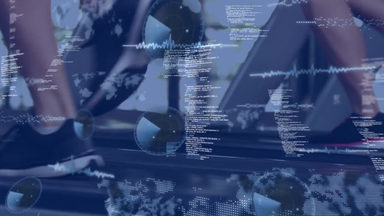 트레드밀에서 달리는 여성, 체육관에서 운동하는 여성에 대한 데이터 처리 애니메이션