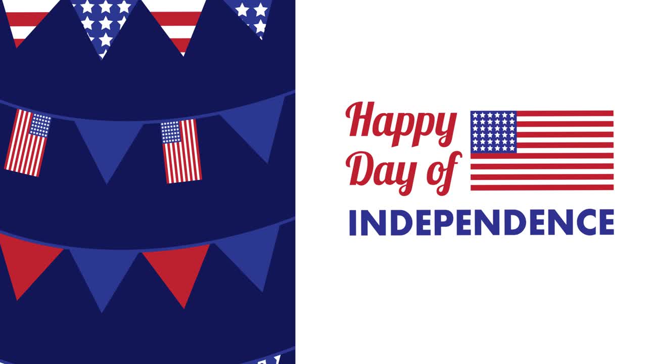 미국 국기 위에 있는 독립기념일 텍스트의 애니메이션