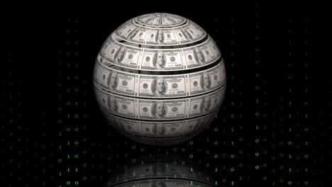 animation of data processing and globe of banknotes on black background