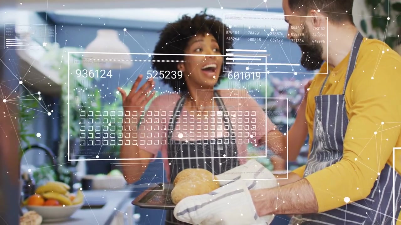 Woman singing and gesturing, activating HUD tagging baking loaves for checking as man holding tray