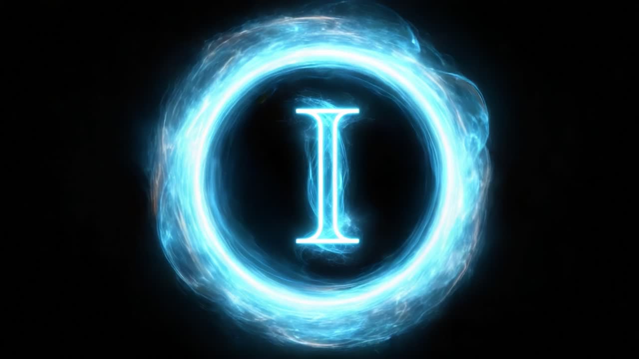 Mesmerizing Sequence of a Glowing Blue Orb with an Illuminated Central 'I' Character, Showcasing Dynamic Light Trails Against a Dark Background