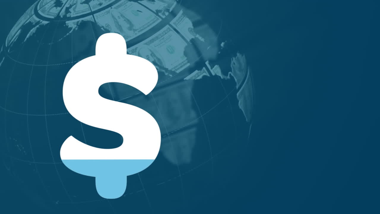 animación del signo de dólar que se llena de azul sobre el globo formado con billetes de dólar estadounidense