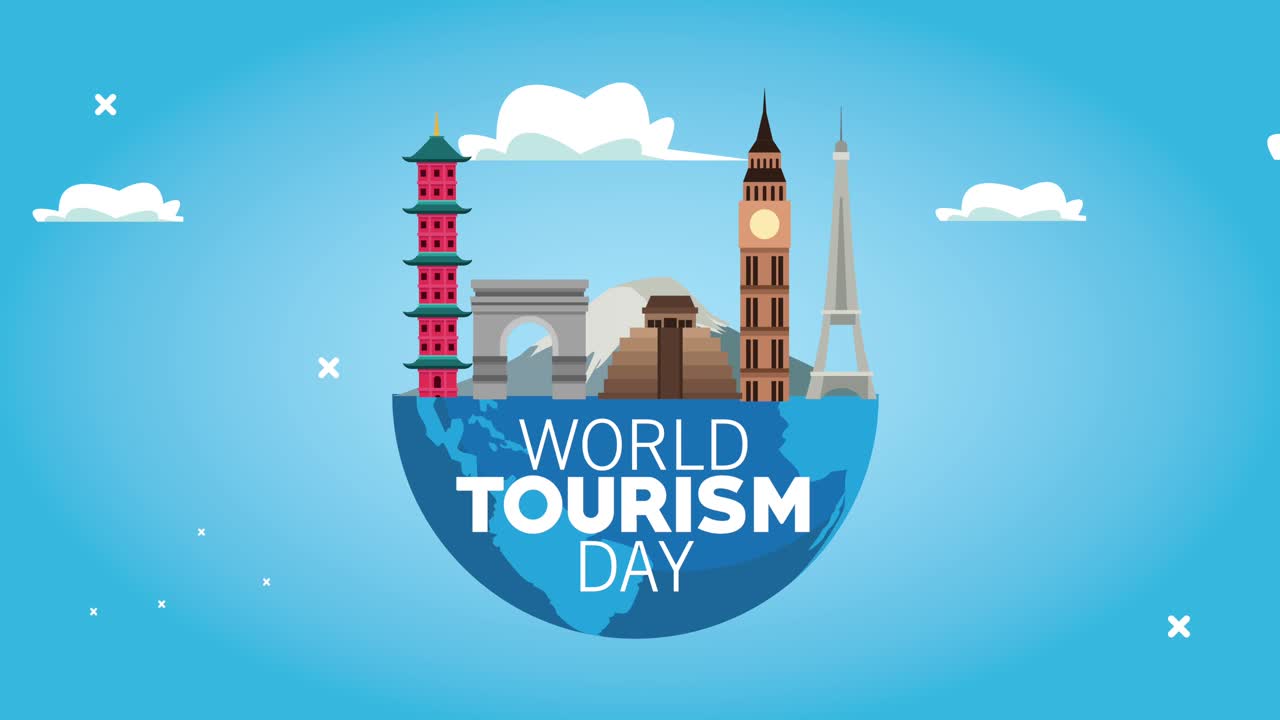 día mundial del turismo con letras con el planeta tierra y los monumentos